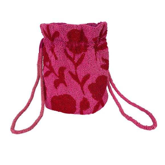 Kate Spade x Target Beaded Classic Rose Drawstring Bucket Bag in Pink Red Floral - Picture 1 of 8
